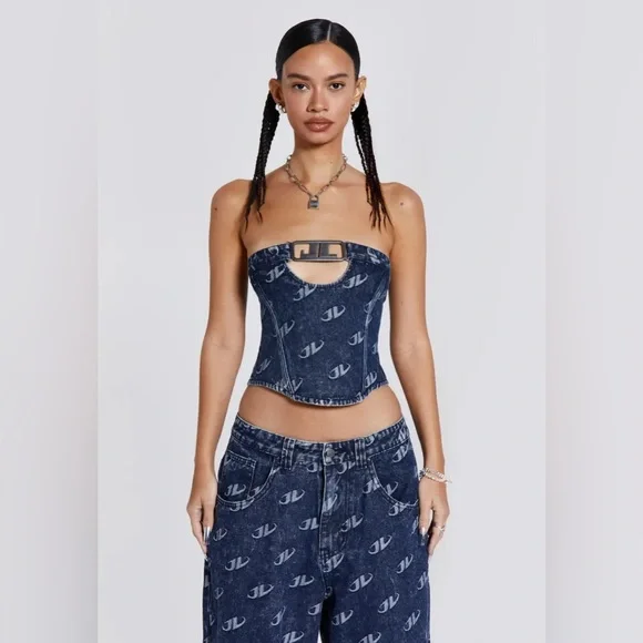 ❌SOLD❌ Jaded London Denim Monogram Strapless Buckle Logo Hardware Corset Top - Picture 1 of 7